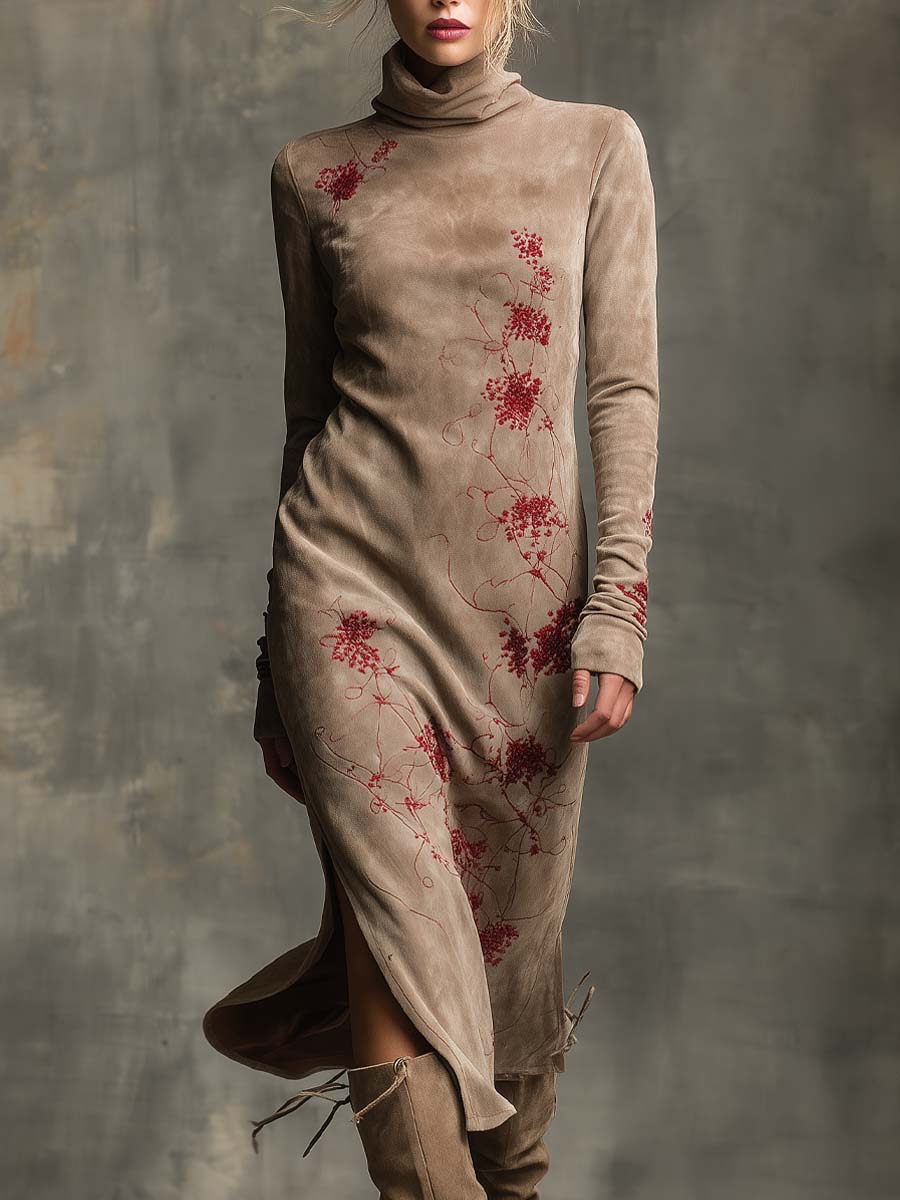 Vintage Embroidered Polyester Suede Midi Dress