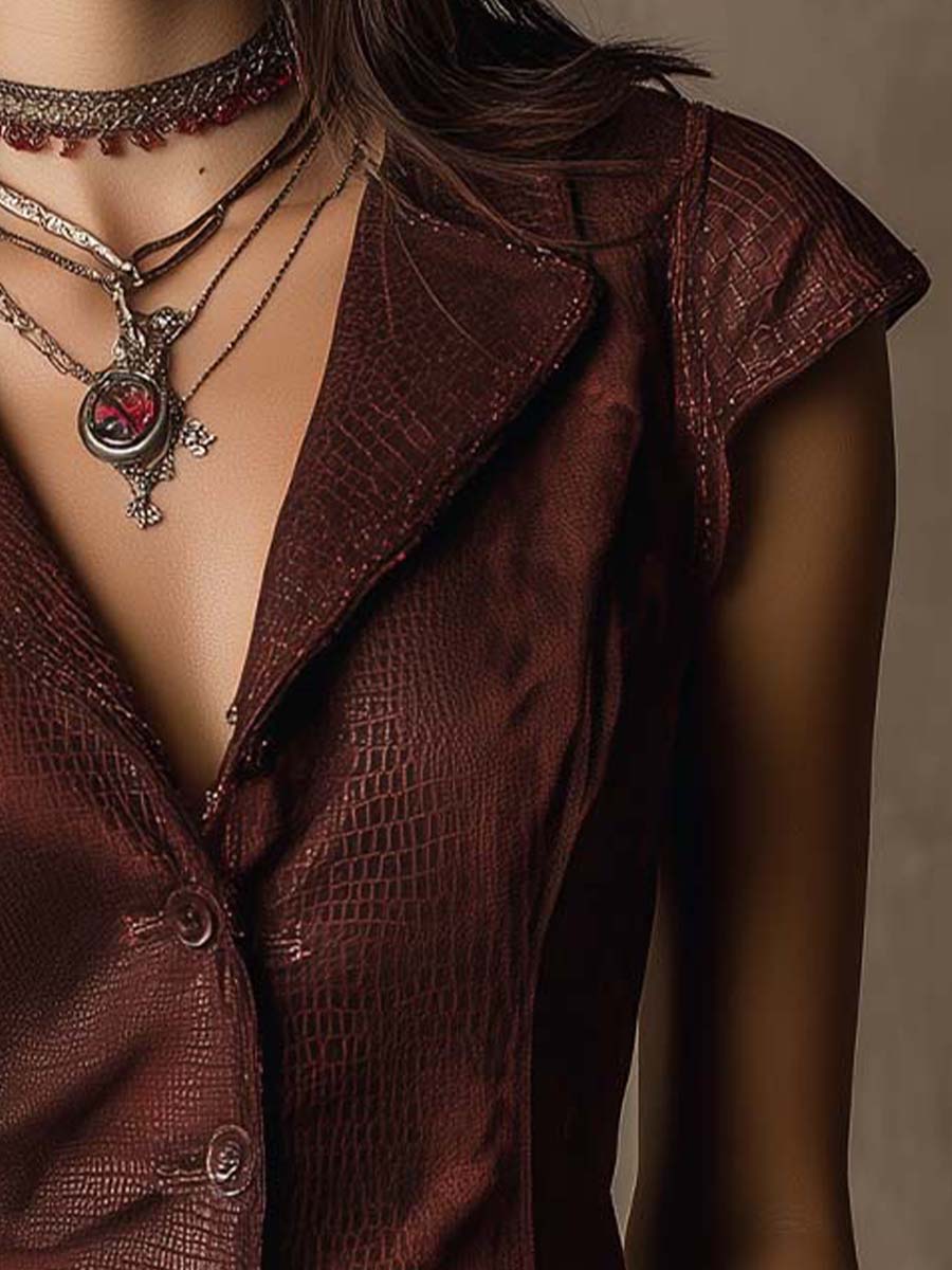 Burgundy Western Croc Embossed Faux Leather With Micro Suede Vest