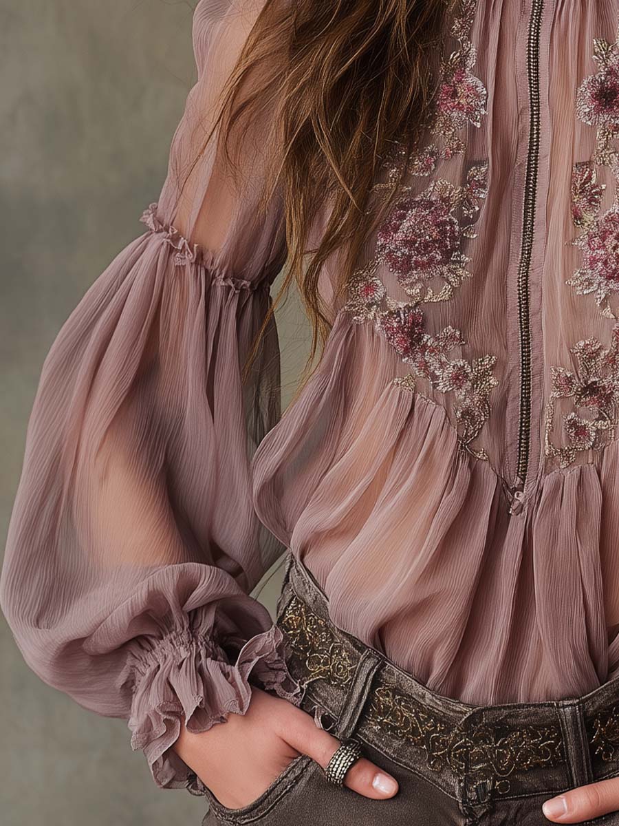 Bohemian Elegance Sheer Embroidered Zip-Front Chiffon Blouse