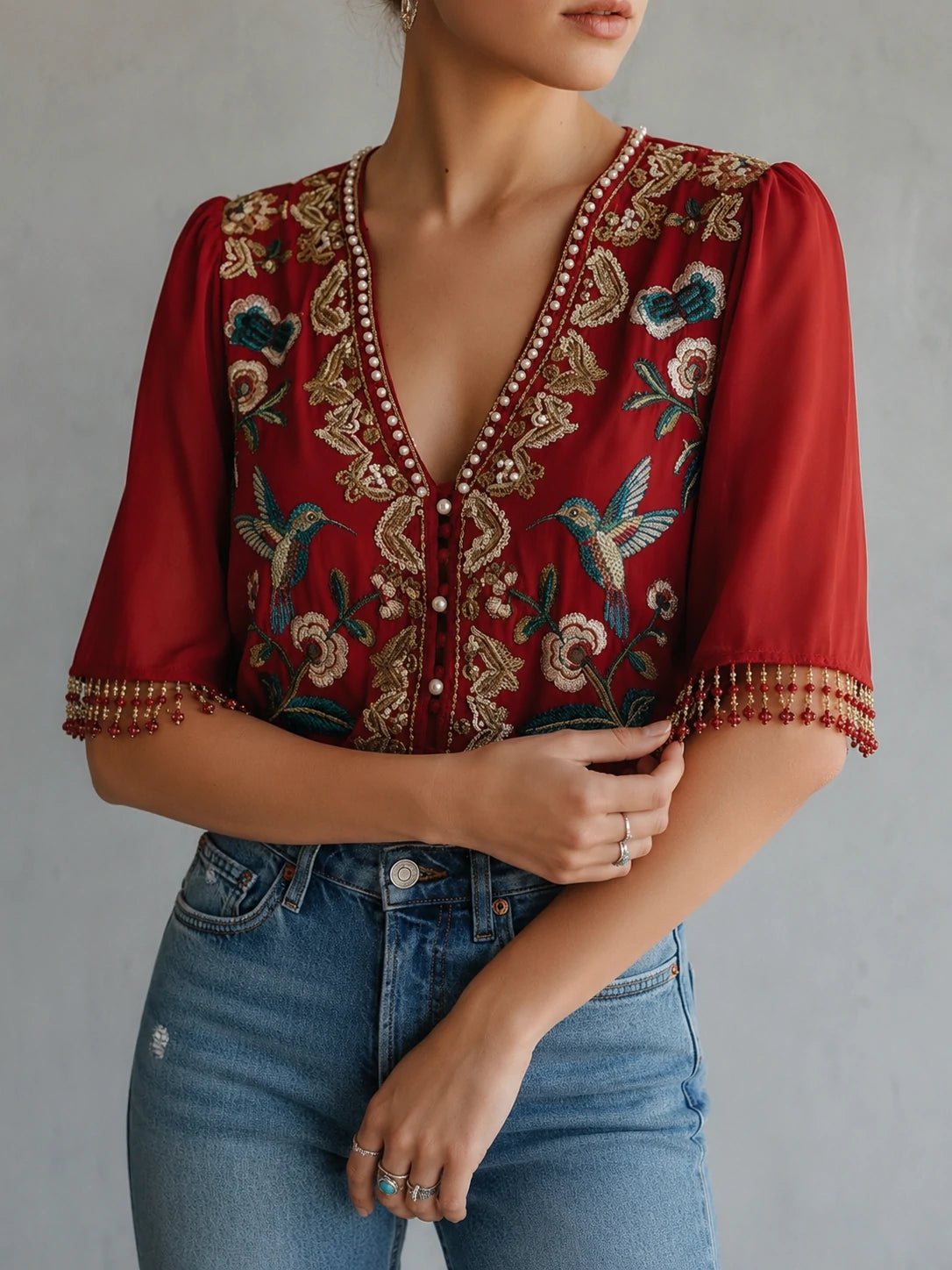 Elegant Embroidered V-Neck Blouse - Hummingbird & Floral Design