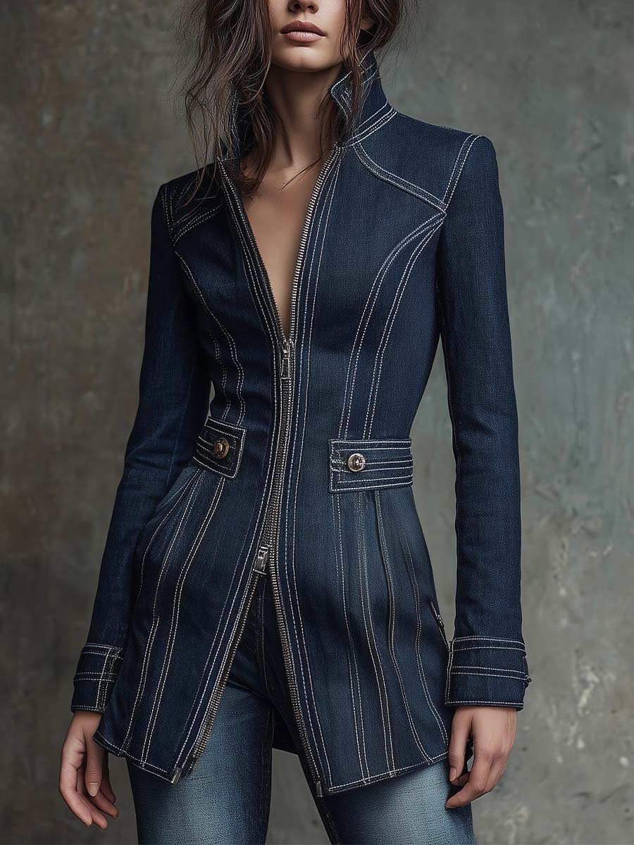 Vintage Wash Denim Long Jacket With Contrast Stitching