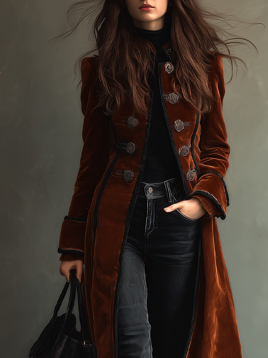 Retro Contrast Color Trim Polyester Velvet Long Coat
