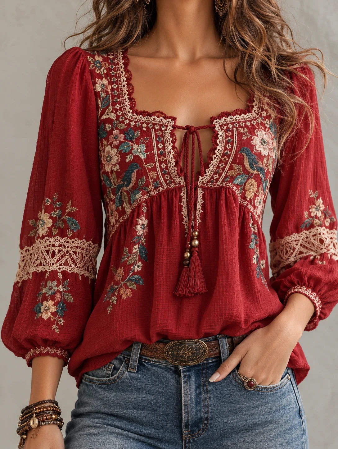 Floral Embroidered Lace Trim Peasant Blouse