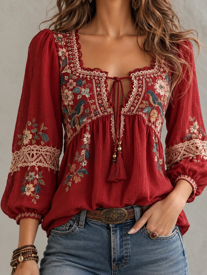Floral Embroidered Lace Trim Peasant Blouse