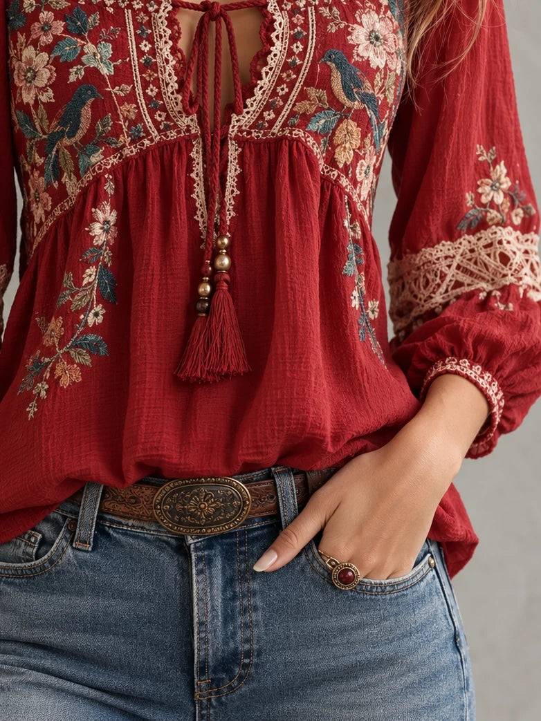 Floral Embroidered Lace Trim Peasant Blouse