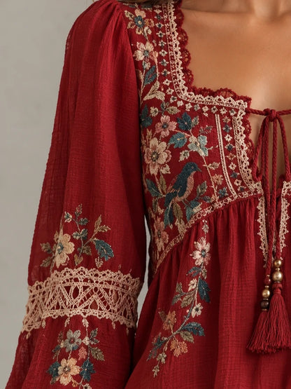 Floral Embroidered Lace Trim Peasant Blouse