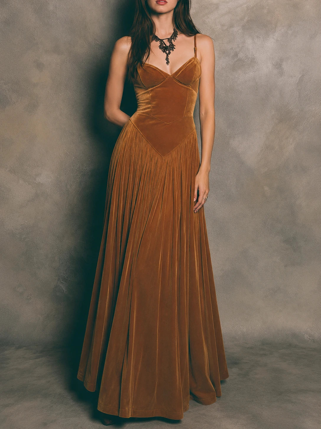 Spaghetti Strap Vintage Caramel Swan Maxi Dress