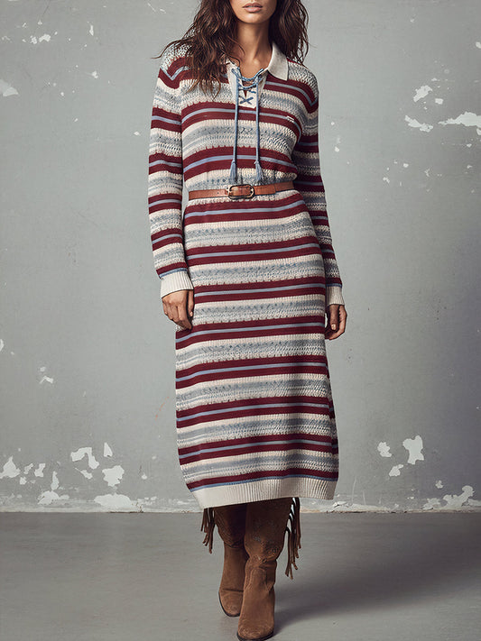Bohemian Desert Rhythm Lace-Up Polo Knit Midi Dress