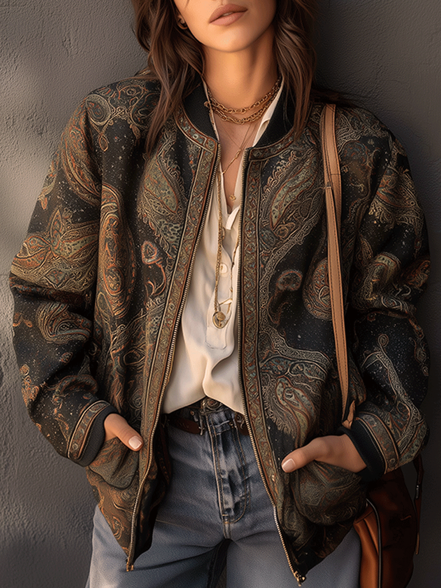 Bronze Paisley Jacquard Zip-Up Bomber Jacket
