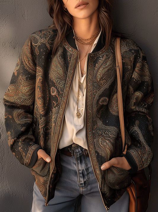 Bronze Paisley Jacquard Zip-Up Bomber Jacket