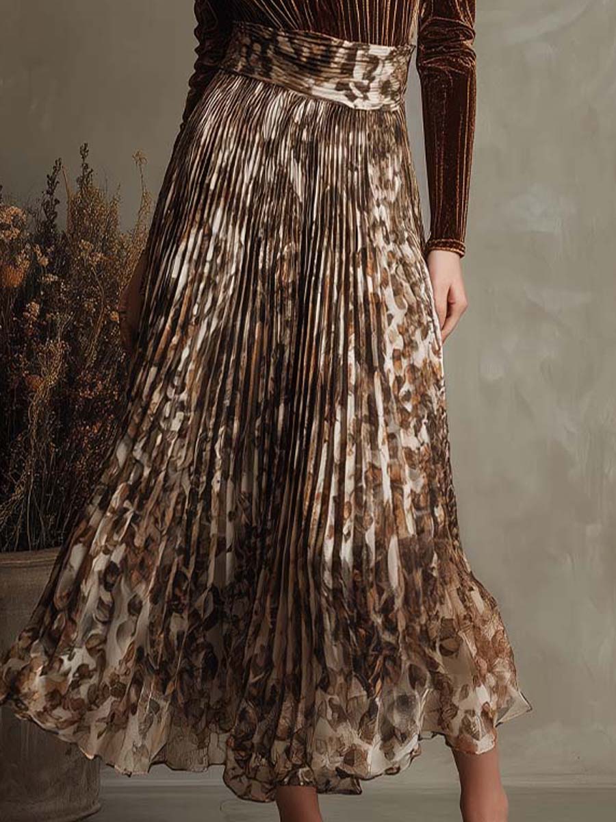 Velvet And Pleated Chiffon Patchwork Midi Dress With Earth-Tone Print