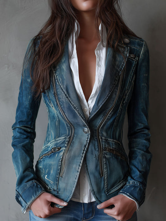 Vintage Washed & Distressed Tailored Jean Jacket With Zipper Details