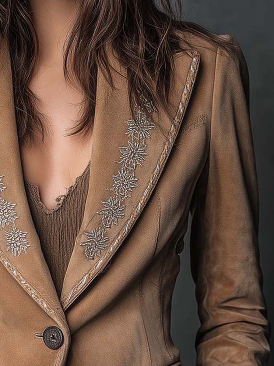 Camel Suede Embroidered Blazer