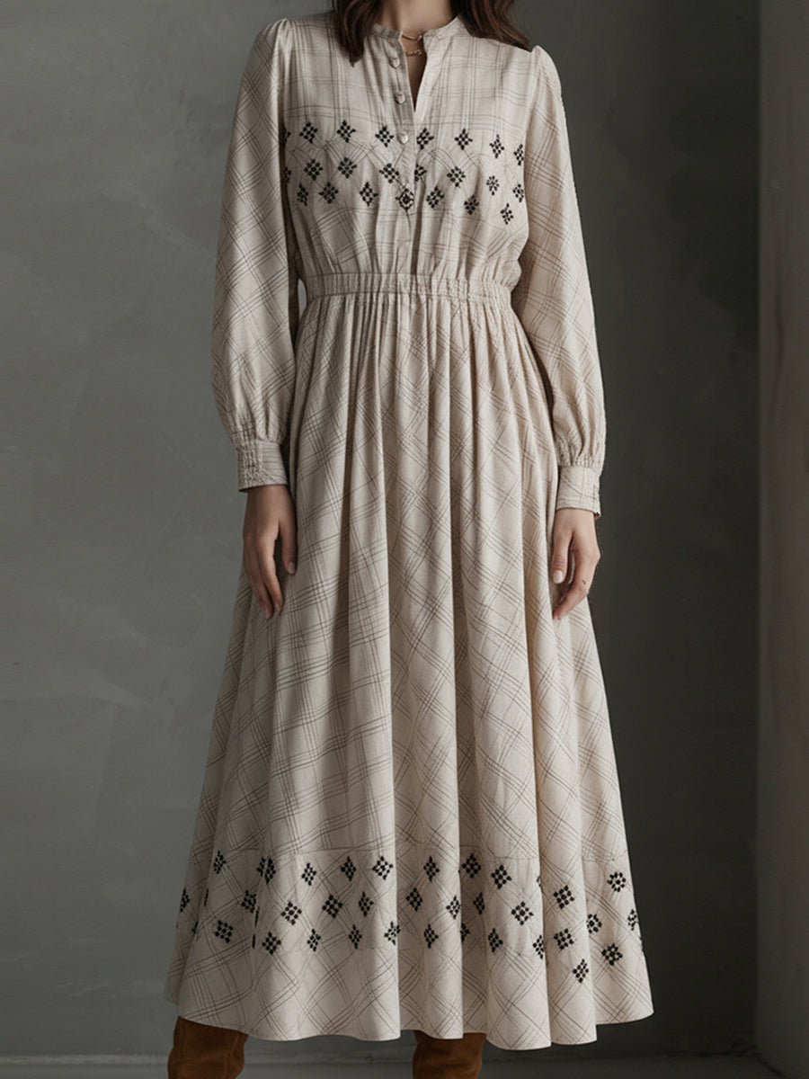 Bohemian Classic Sand Plaid Embroidered Cotton-blend Midi Dress