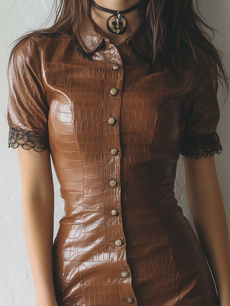 Brown Eco-Leather Vintage Button Bodycon Midi Dress
