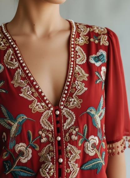 Elegant Embroidered V-Neck Blouse - Hummingbird & Floral Design