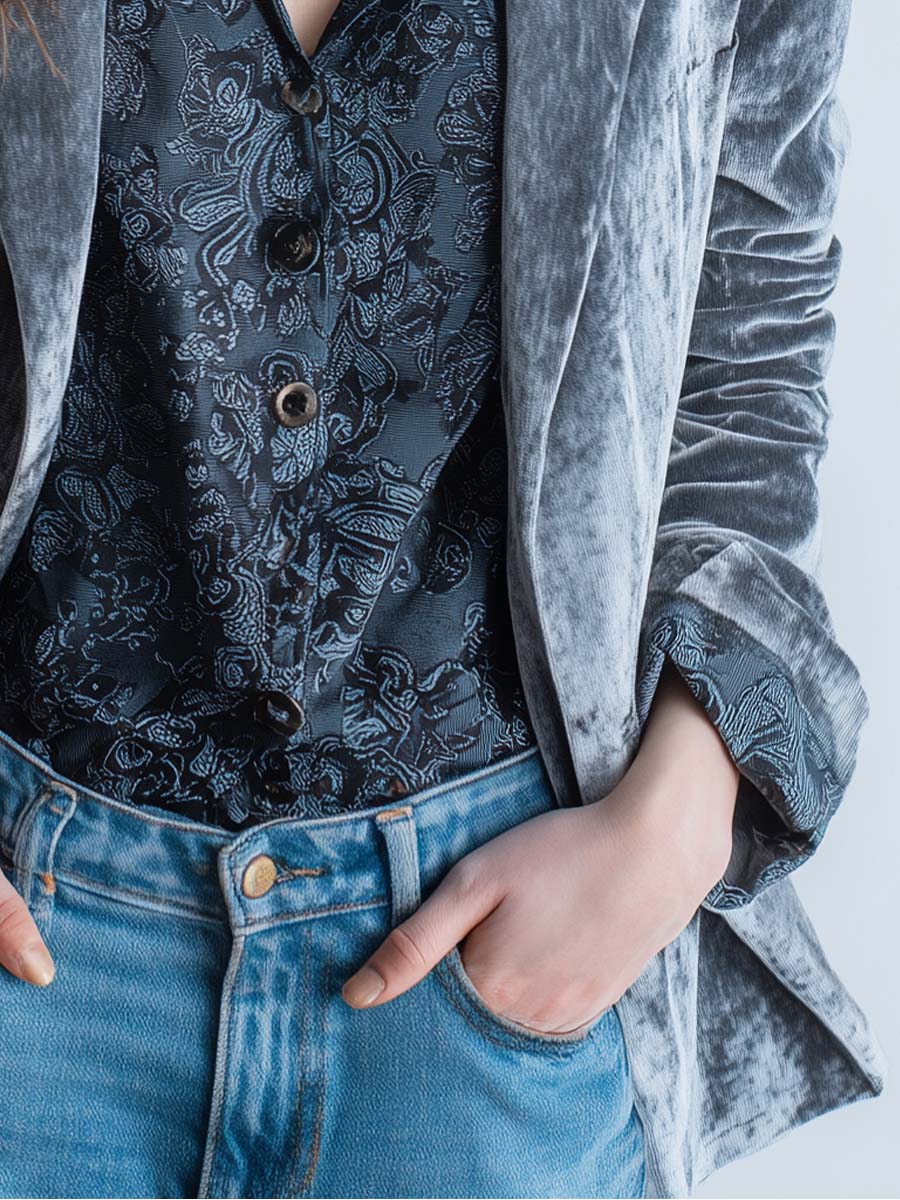 Vintage Stone Grey Lapel Velvet Blazer