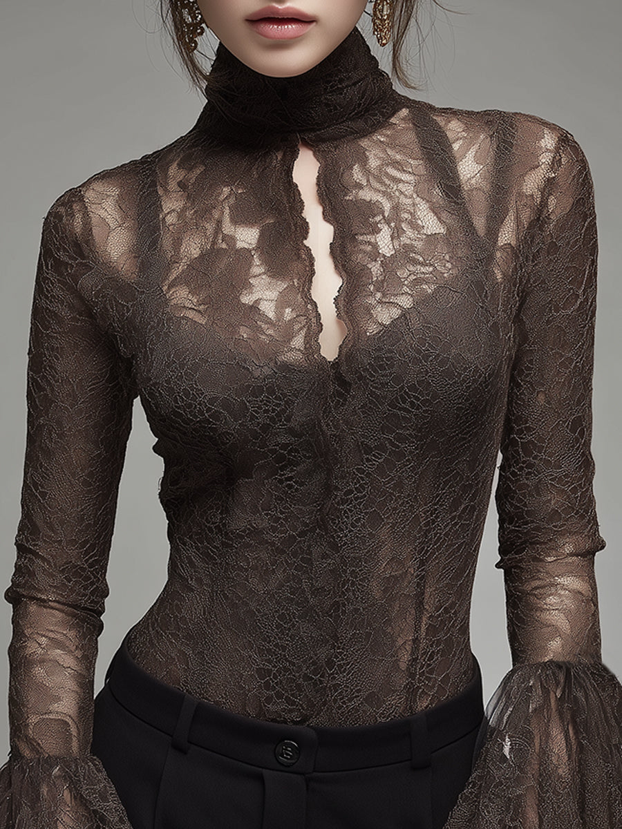 Lace Flared-sleeve Blouse With A Tie-neck Detail