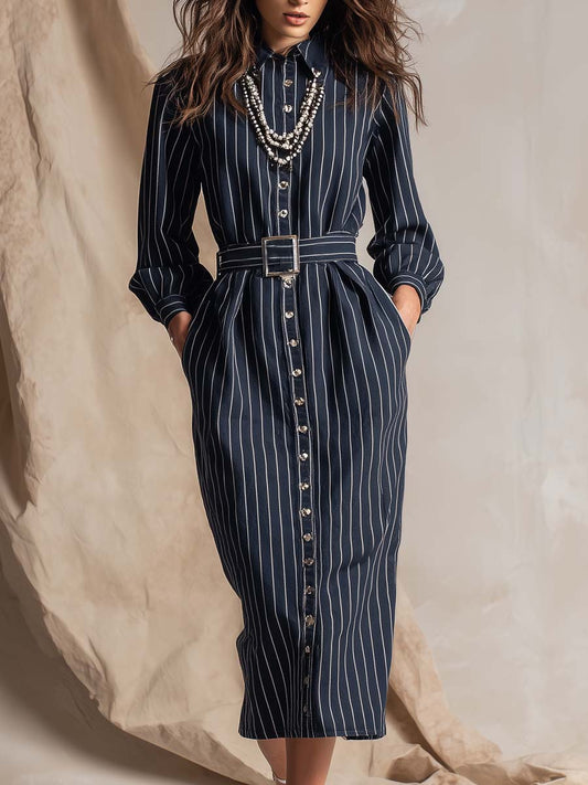 Vintage Navy Workwear Lapel Straight Belted Midi Dress