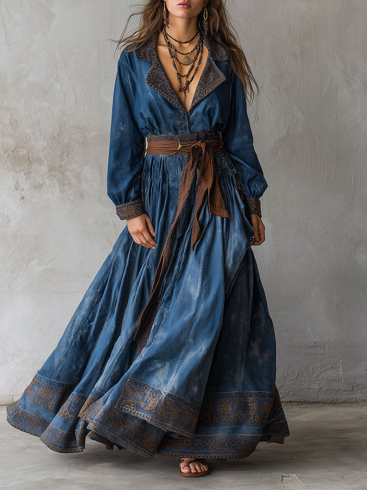 Retro Washed Printed Lapel Denim Maxi Dress