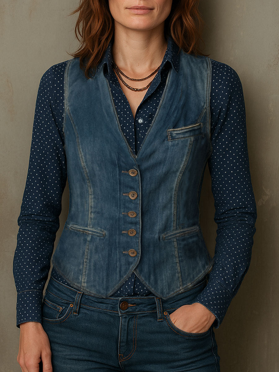 Retro Distressed Denim Vest & Flap Pocket Blazer Set