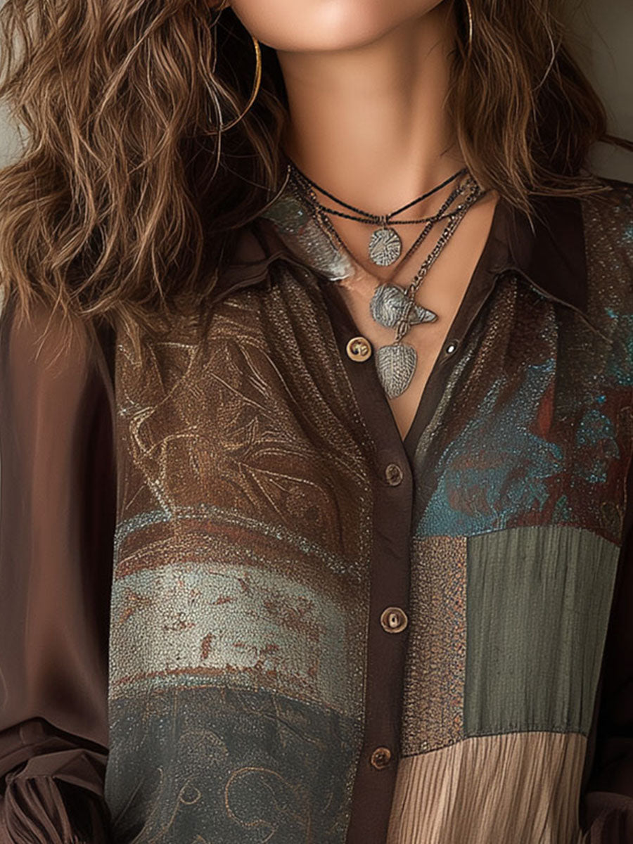Vintage Patchwork Print Sheer Blouse With Lace Cuff