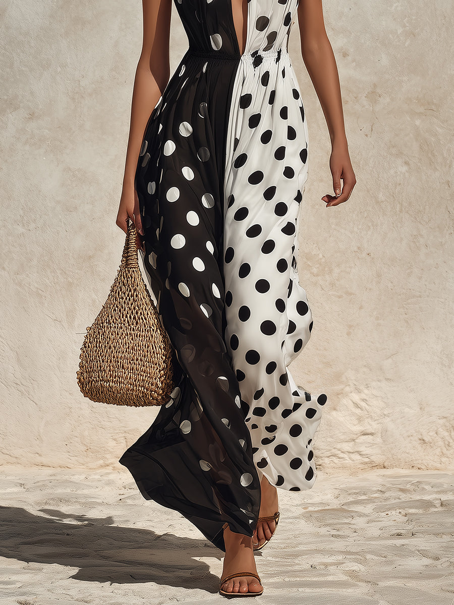 Vintage Polka Dot Chiffon Halter Neck Maxi Dress