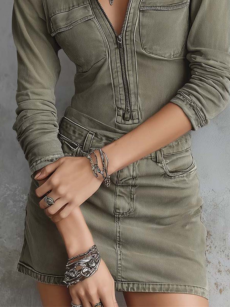 Retro Denim Cold-Shoulder Utility Zip Front Mini Dress