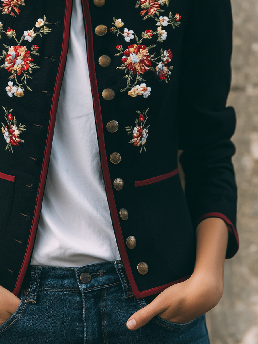 Retro Contrasting Trim Embroidered Jacket