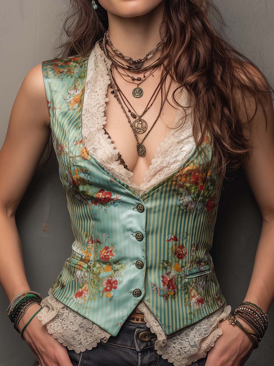 Retro Striped Floral Lace Polyester Satin Vest