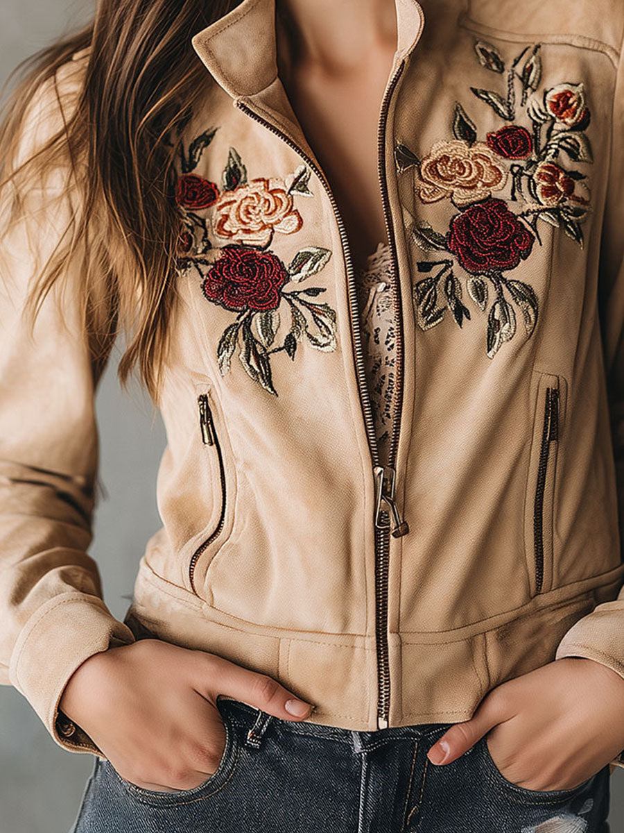 Western Vintage Suede Jacket With Embroidered Rose Motif