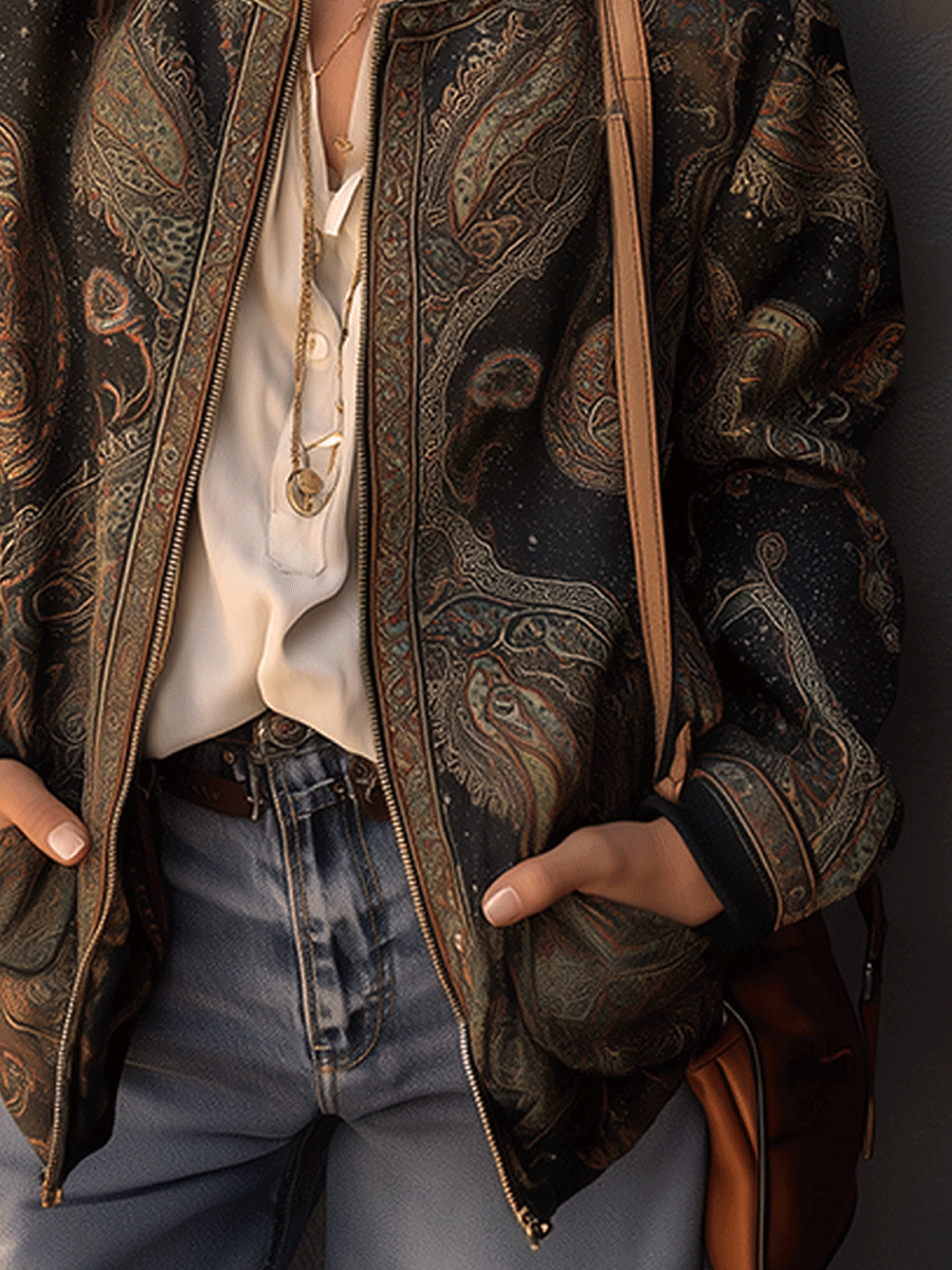 Bronze Paisley Jacquard Zip-Up Bomber Jacket