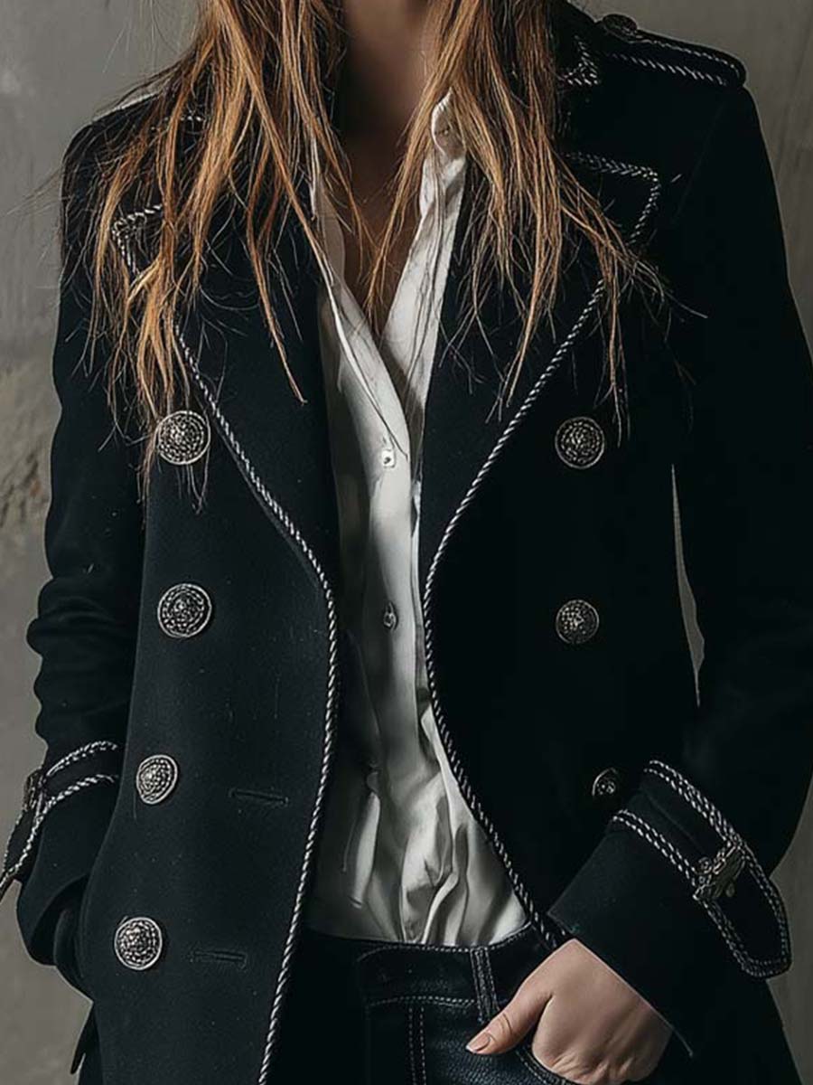 Black Double-Breasted Military Coat With Silver Detailing