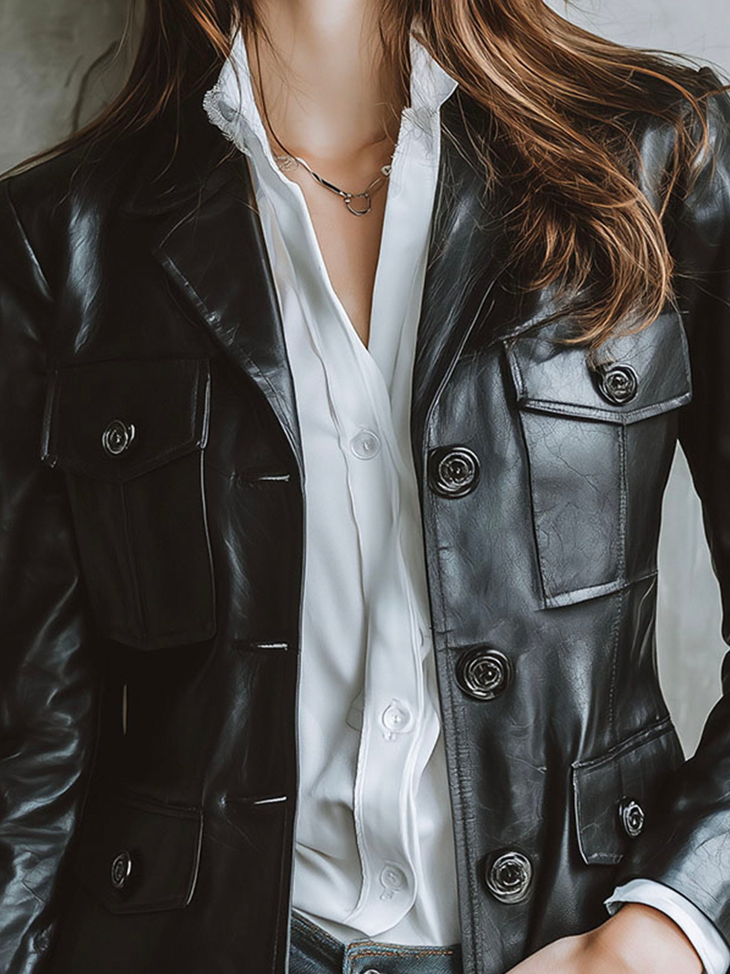 Chic Black Eco Leather Tailored Blazer With Flap Pockets
