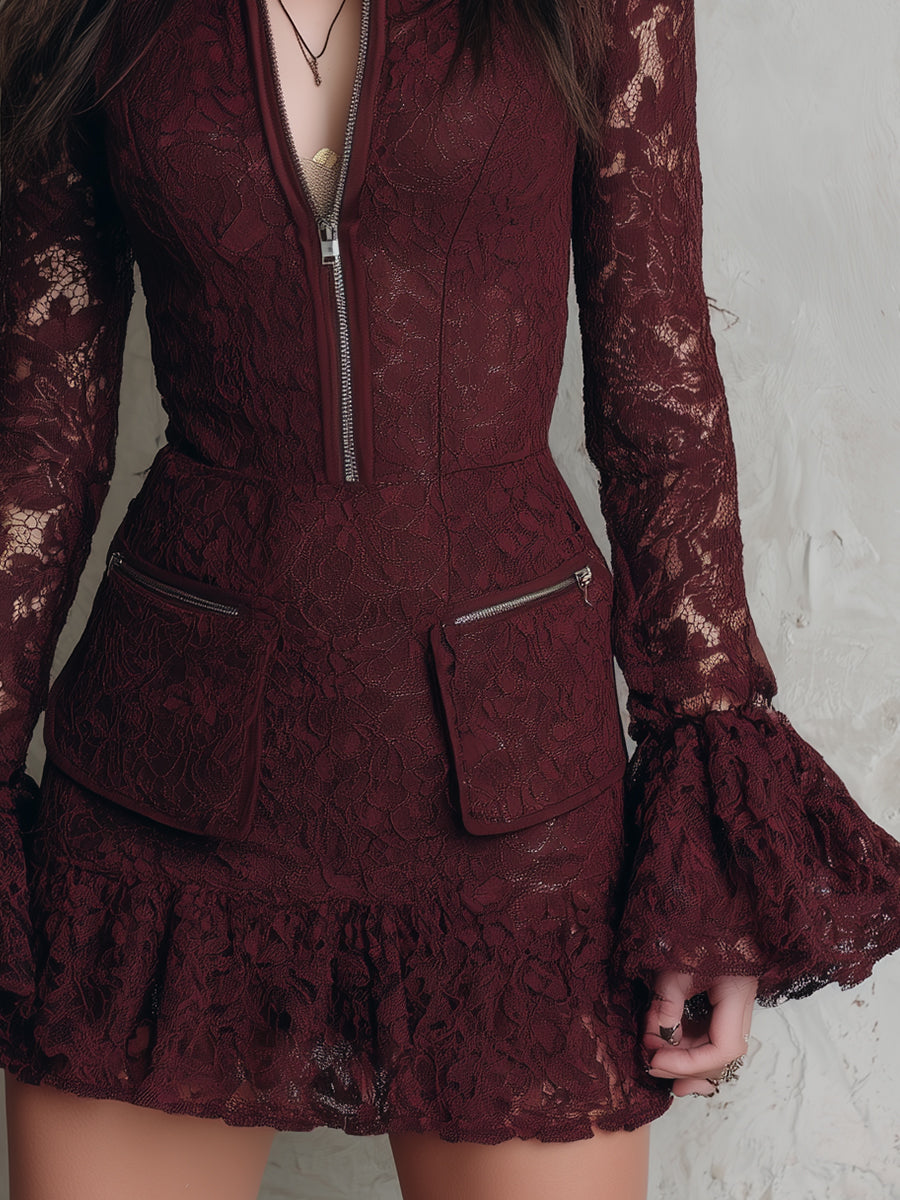Bohemian Lace Ruffled Cuffs Patch Pocket Mini Dress