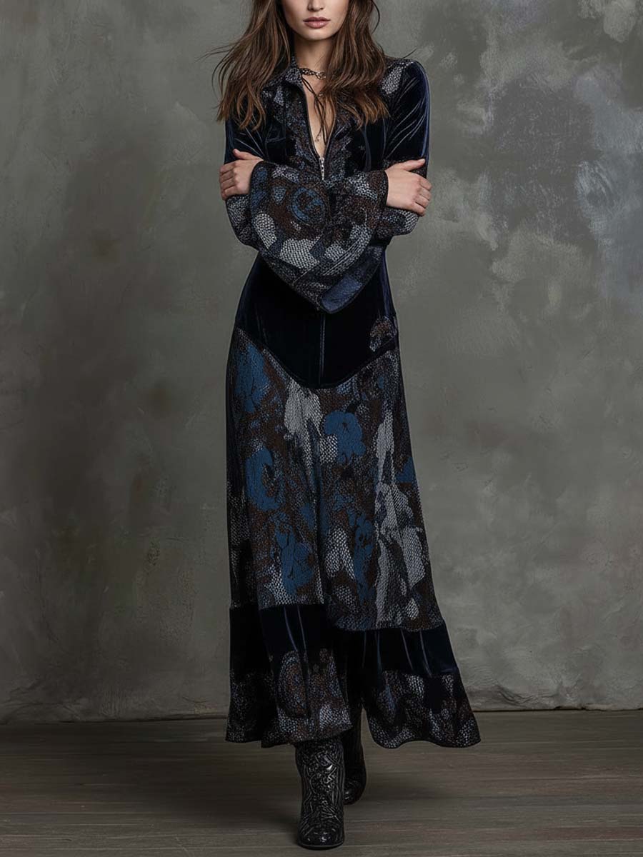 Snake-print Floral Velvet Maxi Dress