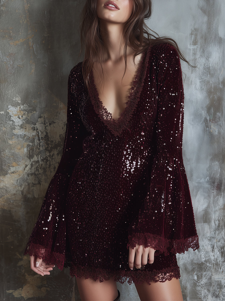 Quiet Luxury Party Sequined Lace Trumpet Sleeve Mini Dress