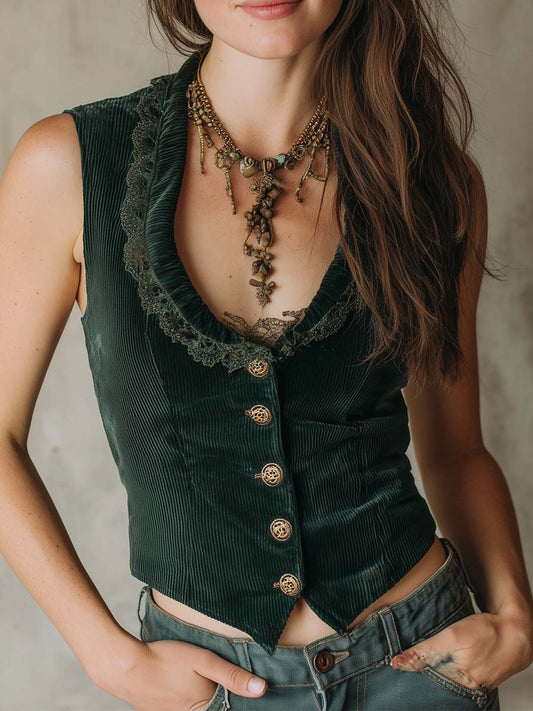Vintage Victorian Corduroy Lace Trim Slim Vest