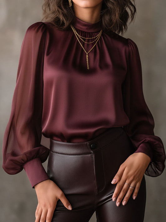 Elegant High Neck Burgundy Sheer Chiffon Sleeves Satin Blouse