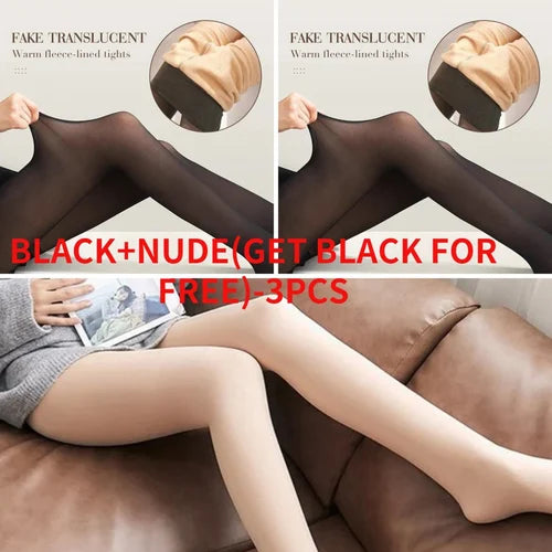 Fake Translucent Warm Plush Lined Elastic Tights