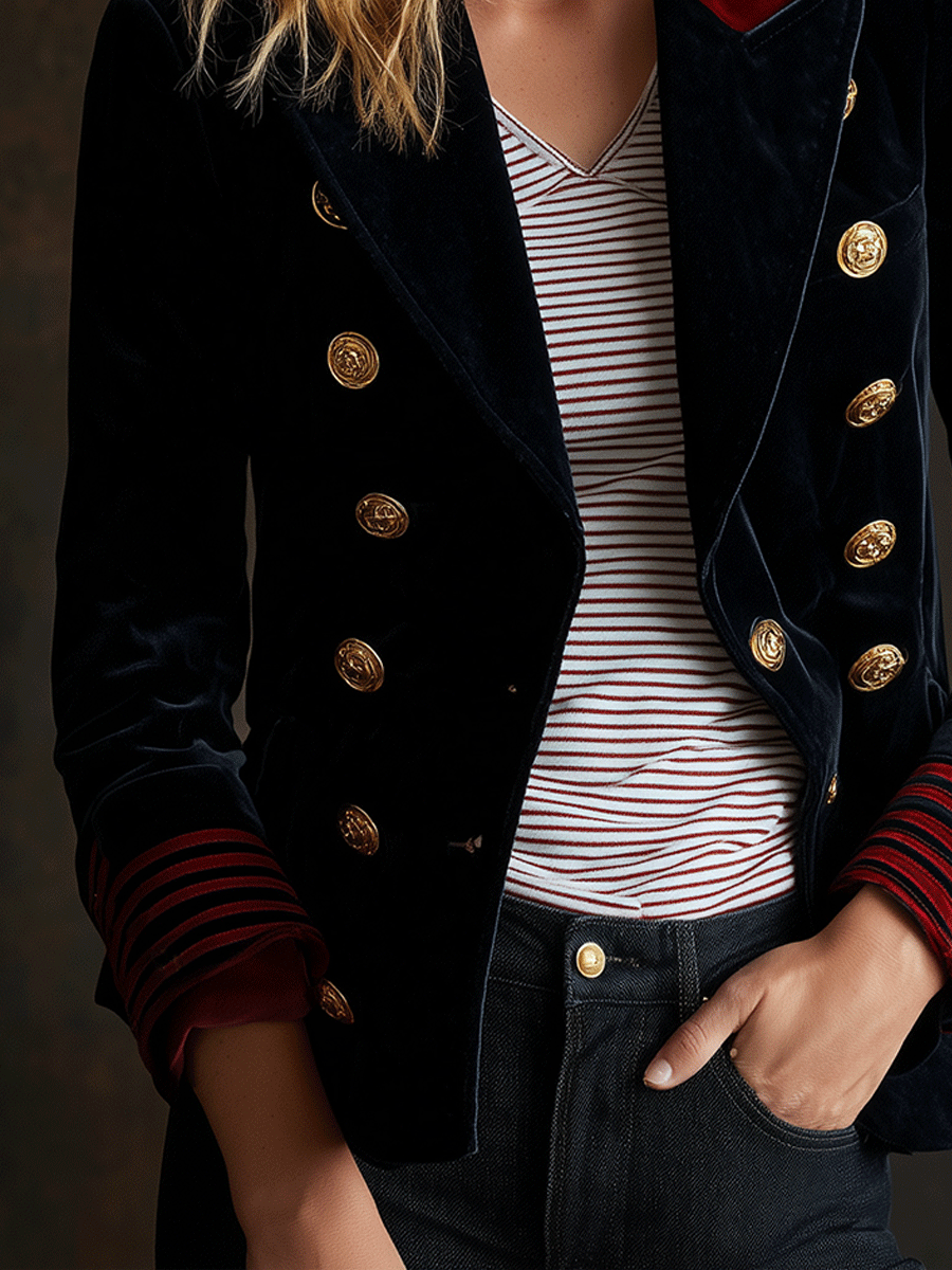 Navy Velvet Military Red Accents Blazer