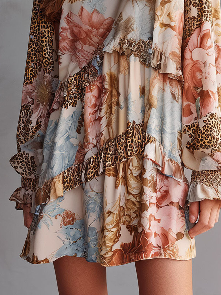 Boho Luxe Floral And Leopard Patchwork Ruffle Mini Dress