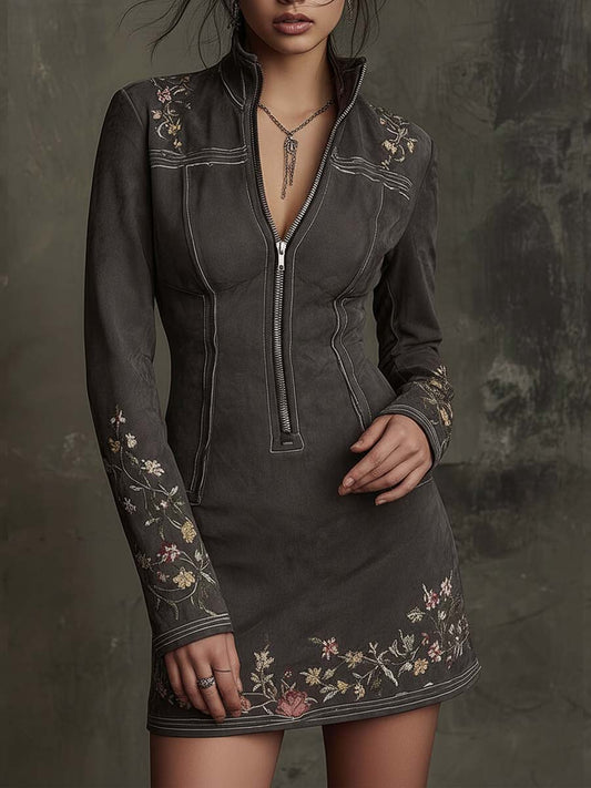Charcoal Gray Embroidered Zip-Up Suede Mini Dress