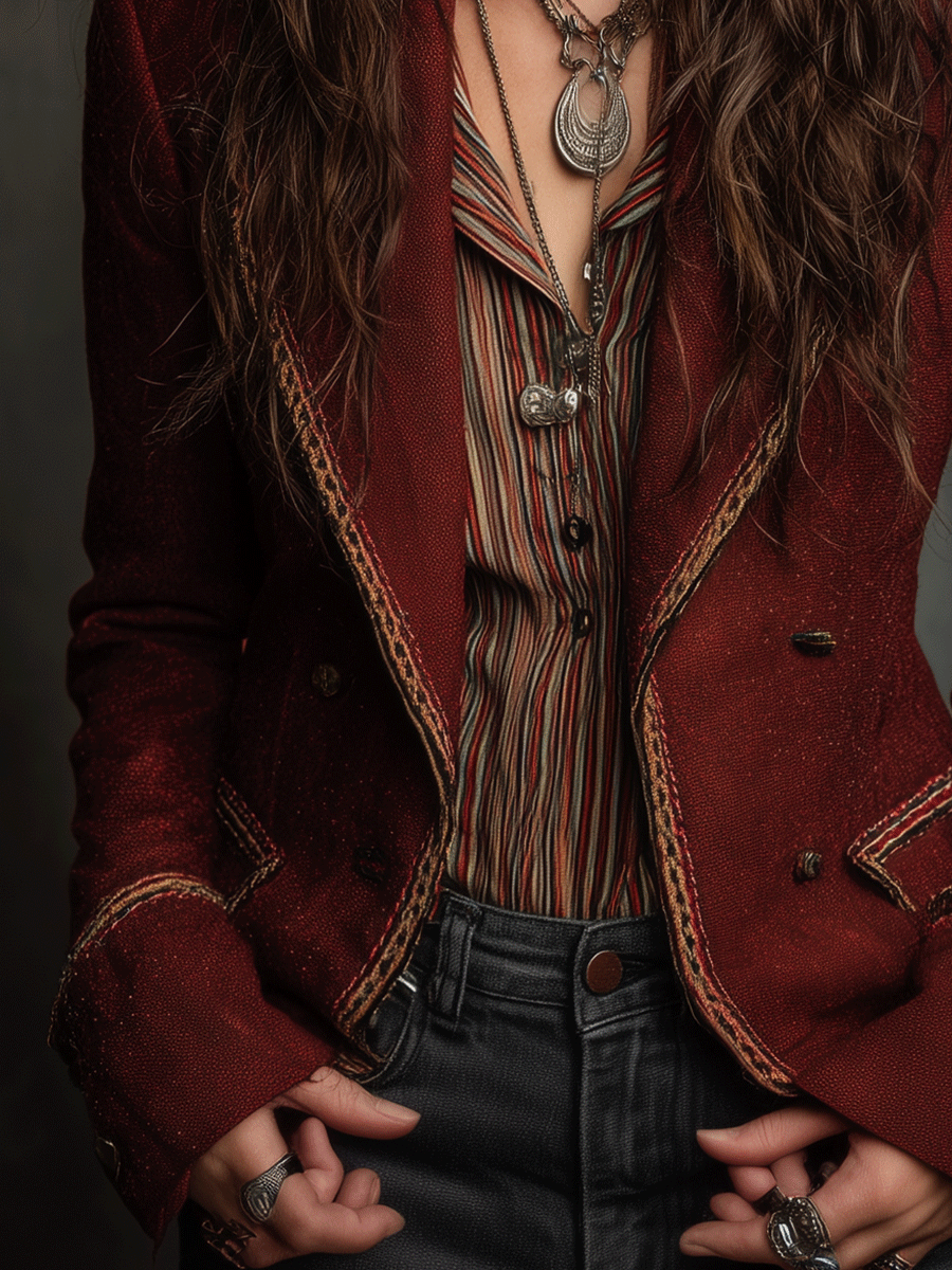Rust Red Wool-Blend Tailored  Contrast Trim Blazer