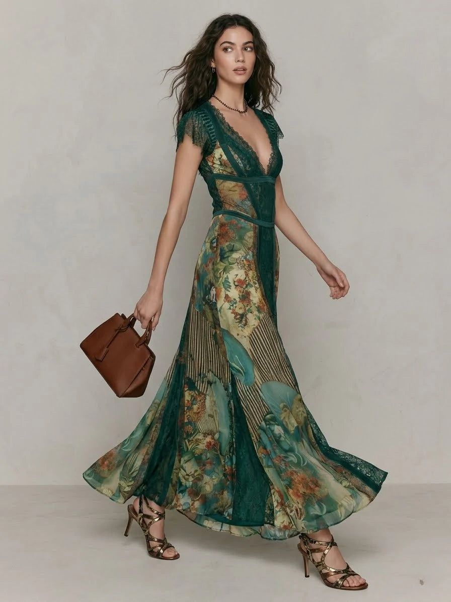 Boho Print Lace Trim Ethnic Print Maxi Dress