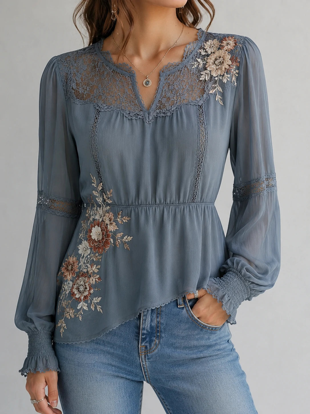 Dusty Blue Lace Floral Embroidery Peplum Top