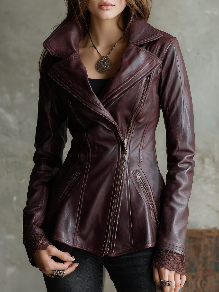 Vintage Eco-friendly Leather Lace Trim Diagonal Placket Jacket