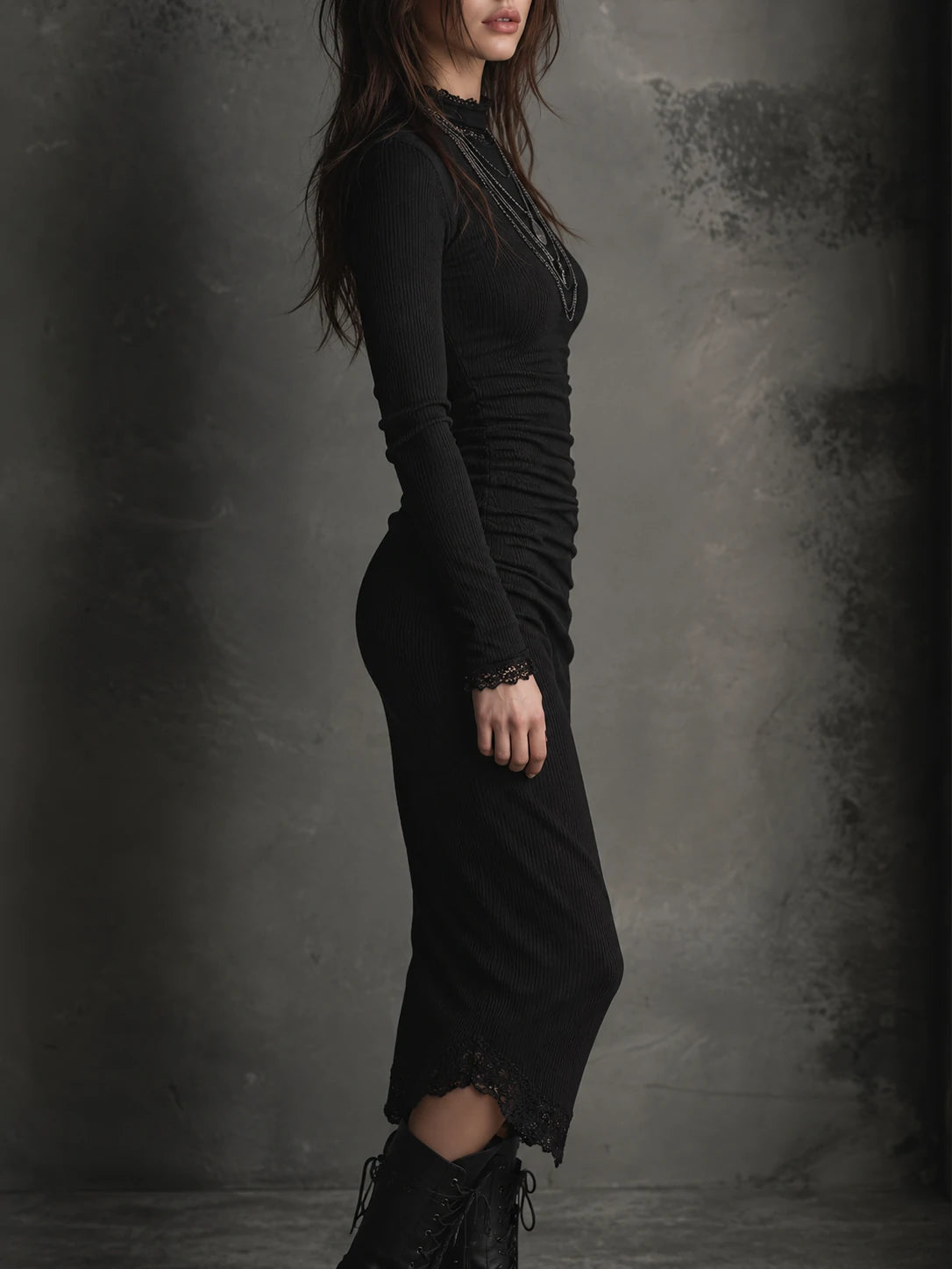 Basic Versatile Bottoming Lace Patchwork Stretch Knit Midi Dress
