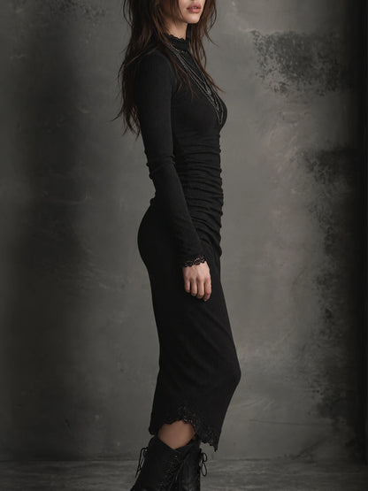 Basic Versatile Bottoming Lace Patchwork Stretch Knit Midi Dress
