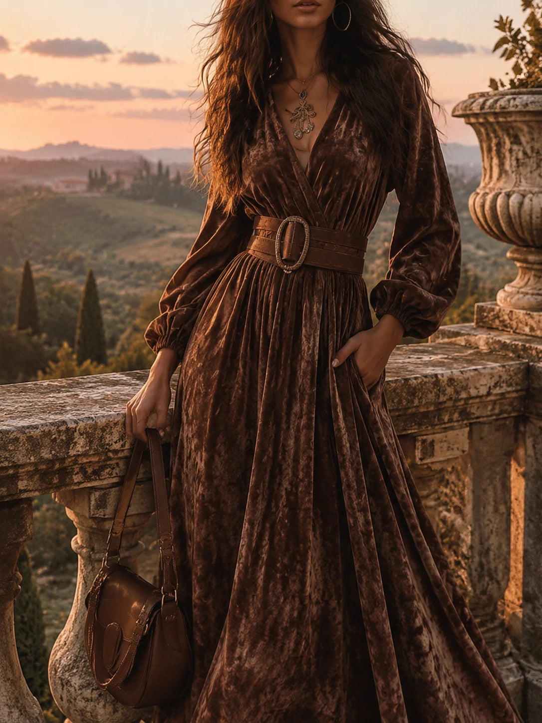 Bohe V-Neck Chocolate Color Belted Print Maxi Dress